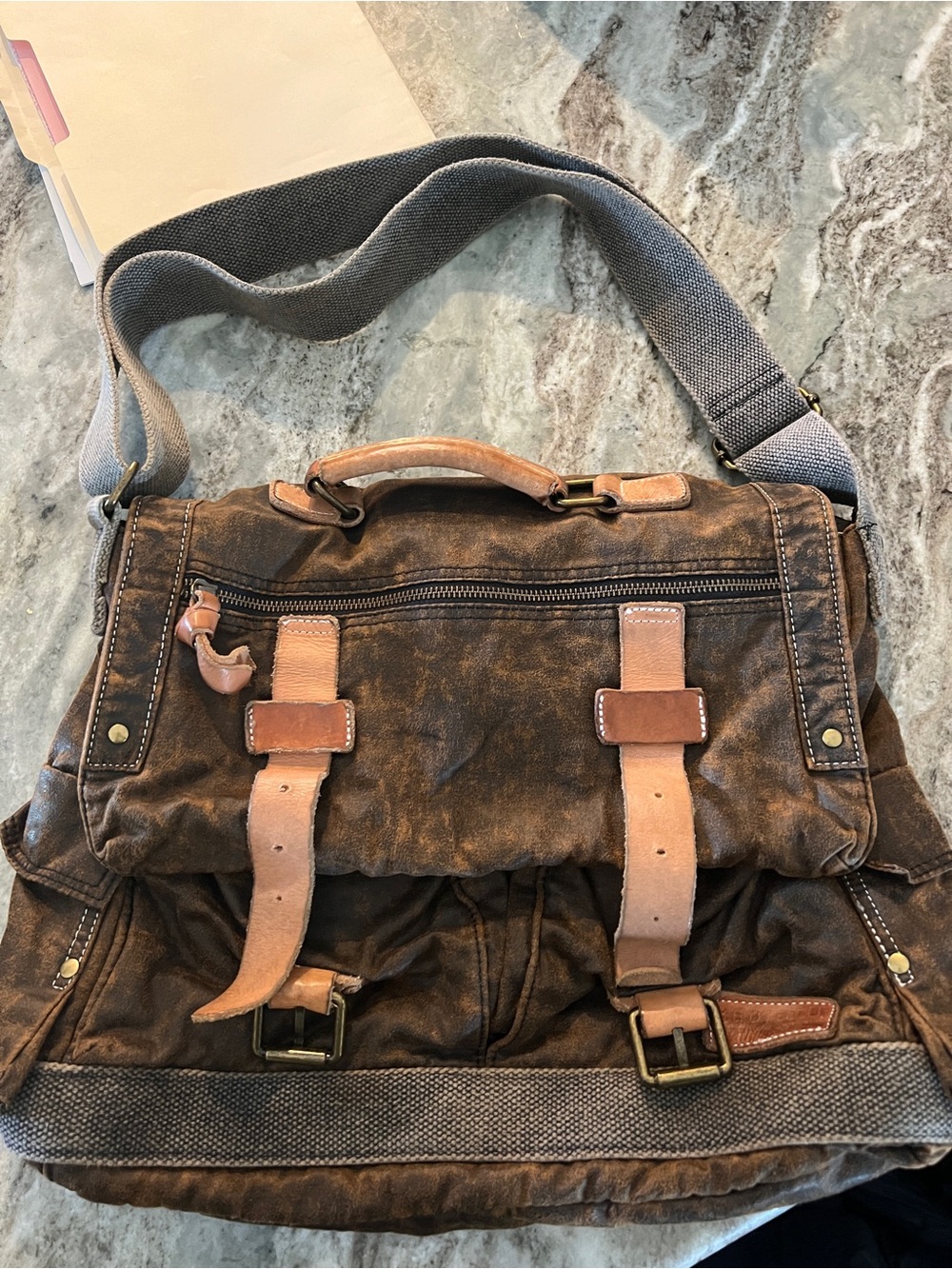 BED|STU Brown Canvas Messenger Bag with Tan Leather Accents